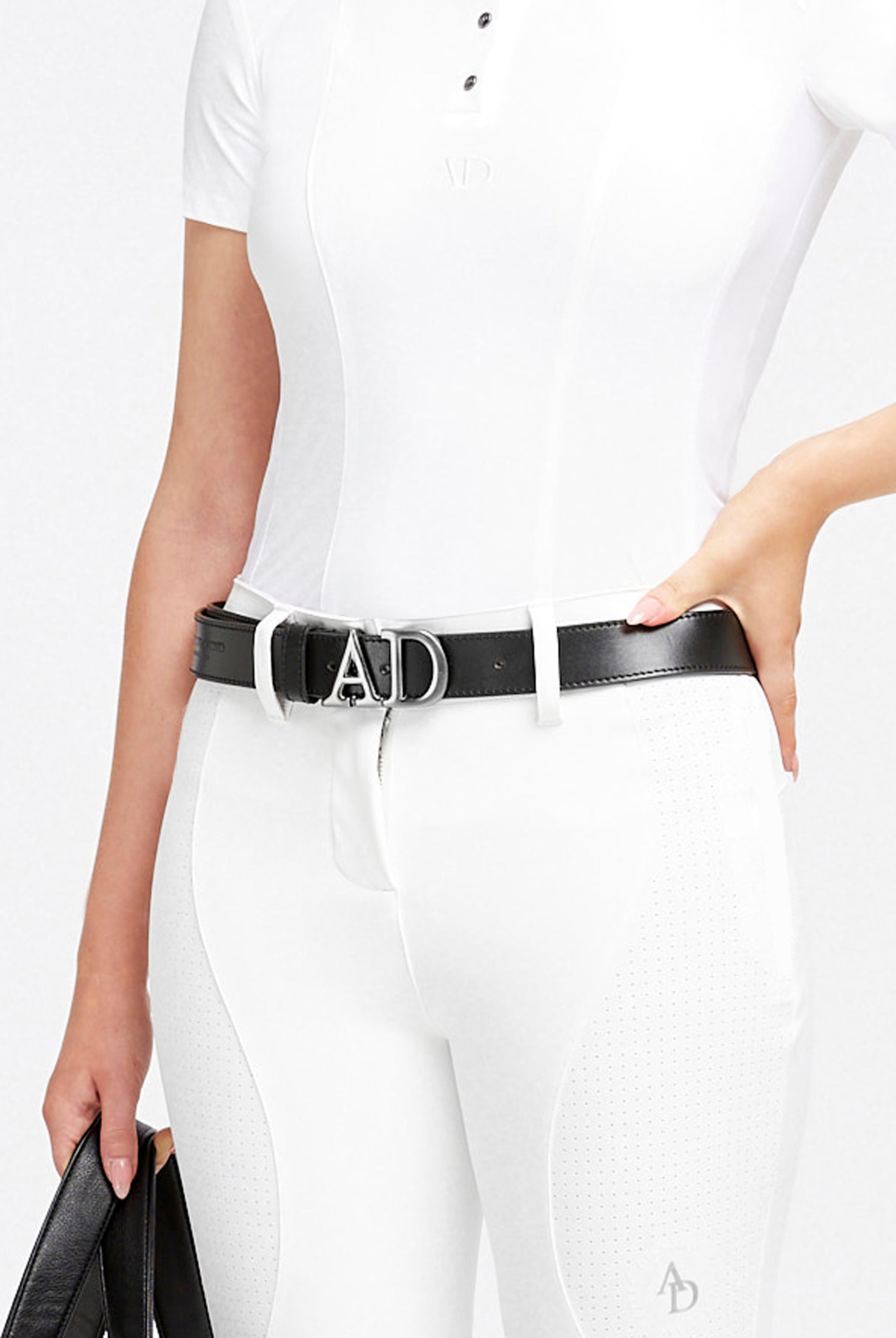 black leather equestrian belt with stainless steel branded buckle 